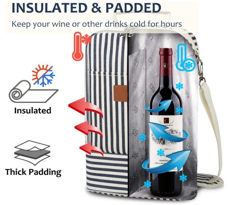 Sac thermique de transport de refroidisseur de vin à rayures personnalisées pique-nique de voyage étanche 2 bouteilles sac de vin isolé