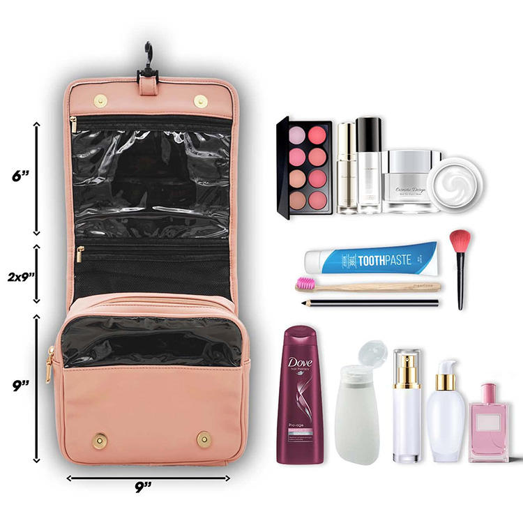Étui cosmétique de voyage en PU de luxe sac de toilette suspendu organisateur de maquillage polyvalent avec poches en PVC étanches